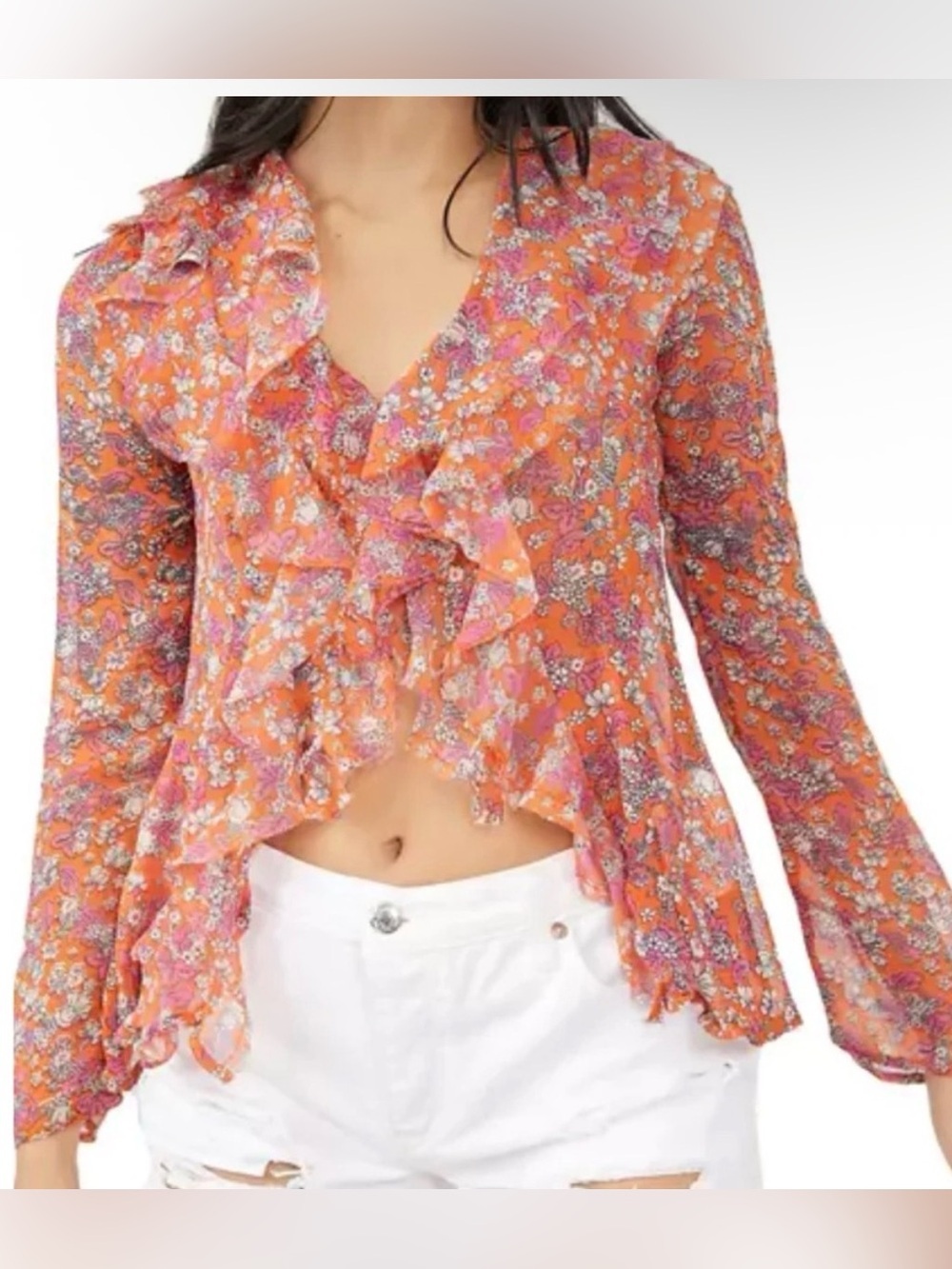 Free People Nina Top Womens Small Tulips Ditsy Ruffled Sheer Hippie Boho Pink